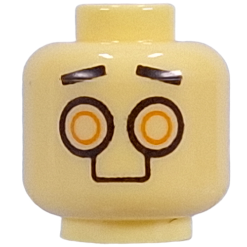 Tête de minifigurine Sourcils noirs, Yeux de droïde d'or, Métal plaqué sur le dos, Symbole de triangle orange (Minifig Head Black Eyebrows, Gold Droid Eyes, Metal Plating on Back, Orange Triangle Symbol)