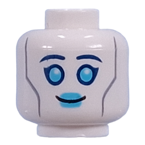 Tête de minifigurine droïde, sourcils bleu foncé, yeux turquoise foncé, lèvres, lignes argentées, fiche sur le dos (Minifig Head Droid, Dark Blue Eyebrows, Dark Turquoise Eyes, Lips, Silver Lines, Plug on Back)