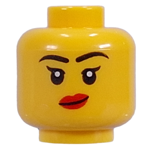 Tête de minifigurine, sourcils noirs, regard menaçant en colère, rouge foncé lèvres motif imprimé (Minifig Head, Black Eyebrows, Angry Scowl, Dark Red Lips Print)