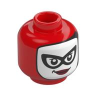 Tête de minifigurine Harley Quinn, visage blanc, Masque noir, Lèvres rouge foncé (Minifig Head Harley Quinn, White Face, Black Eyemask, Dark Red Red Lips)