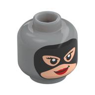 Tête de minifigurine Catwoman, masque noir, visage nougat clair, motif : lèvres rouges (Minifig Head Catwoman, Black Mask, Light Nougat Face, Red Lips Print)