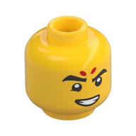 Tête de minifigurine Nezha, 2 points rouges sur le avant, sourcils, motif : sourire en coin / en colère (Minifig Head Nezha, 2 Red Dots on Forehead, Eyebrows, Smirk / Angry Print)