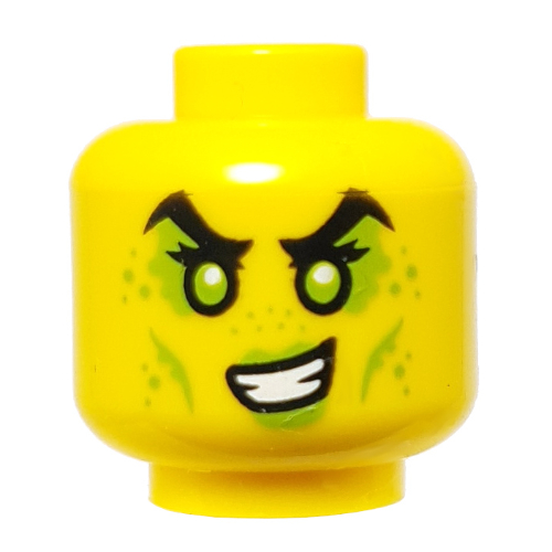 Tête de minifigurine Tox, Sourcils noirs hauts, Yeux verts, Marquages, Sourire tordu (Minifig Head Tox, High Black Eyebrows, Lime Eyes, Markings, Crooked Smile Print)