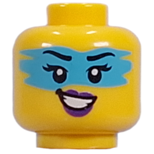 Tête de minifigurine zoey, peinture de visage azur foncé, lèvres violet foncé, bouche ouverte déséquilibrée sourire / sourire déséquilibré (Minifig Head Zoey, Dark Azure Face Paint, Dark Purple Lips, Lopsided Open Mouth Smile/Lopsided Grin)