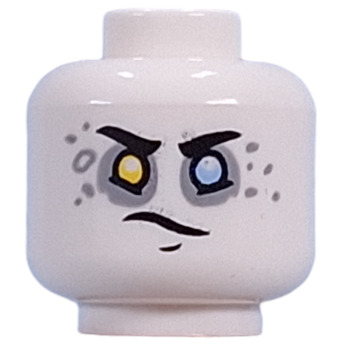 Tête de minifigurine Dooper, jaune à gauche, œil droit bleu clair vif, fard à paupières gris pâle, taches, sourire aux dents jaunes / sourire à lèvres (Minifig Head Dooper, Yellow Left, Bright Light Blue Right Eye, Light Bluish Grey Eyeshadow, Spots, Yellow Teeth Smile/Lopsided Smirk)