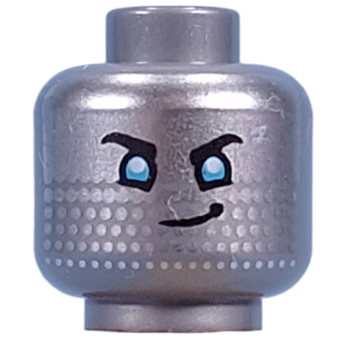 Tête de minifigurine Cooper, yeux bleus, points argentés, déterminé sourire / bouche ouverte heureux (Minifig Head Cooper, Blue Eyes, Silver Dots, Determined Smile/Open Mouth Happy)