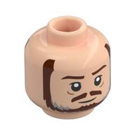 Tête de minifigurine Qui-Gon Jinn, sourcils brun foncé, moustache, barbe, rayures gris bleuâtre foncé, rides, bouche fermée / bouche ouverte en colère motif imprimé (Minifig Head Qui-Gon Jinn, Dark Brown Eyebrows, Moustache, Beard, Dark Bluish Grey Streaks, Wrinkles, Closed Mouth / Angry Open Mouth Print)