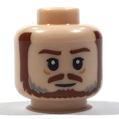 Tête de minifigurine Qui-Gon Jinn, sourcils brun rougeâtre, moustache, barbe, rayures gris bleuâtre foncé, rides, bouche fermée / bouche ouverte en colère imprimé (Minifig Head Qui-Gon Jinn, Reddish Brown Eyebrows, Moustache, Beard, Dark Bluish Grey Streaks, Wrinkles, Closed Mouth / Angry Open Mouth Print)