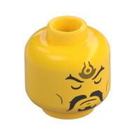 Tête de minifigurine Li Jing, Symbole or sur le devant, Sourcils noirs, Moustache, bouc, Yeux fermés, Bouche/yeux ouverts, Bouche (Minifig Head Li Jing, Gold Symbol on Forehead, Black Eyebrows, Moustache, Goatee, Closed Eyes, Mouth/Open Eyes, Mouth)
