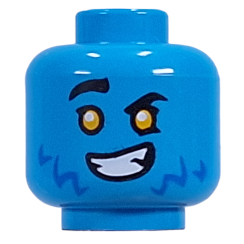 Tête de minifigurine logan, fourrure bleue, yeux jaunes, sourcils levés, sourire déséquilibré/yeux rouges, sourire en colère (Minifig Head Logan, Blue Fur, Yellow eyes, Raised Eyebrows, Lopsided Grin/Red Eyes, Angry Grin)