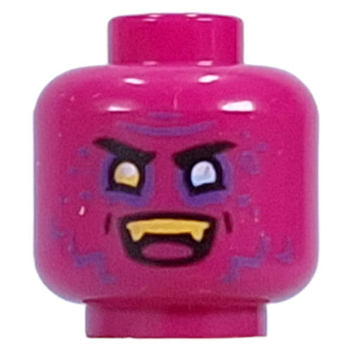 Tête de minifigurine Dogan, jaune à gauche, yeux bleu clair lumineux, lignes violet foncé, dents jaunes, crocs, sourire en colère (Minifig Head Dogan, Yellow Left, Bright Light Blue Eye, Dark Purple Lines, Yellow Teeth, Fangs, Angry Smile/Grin)