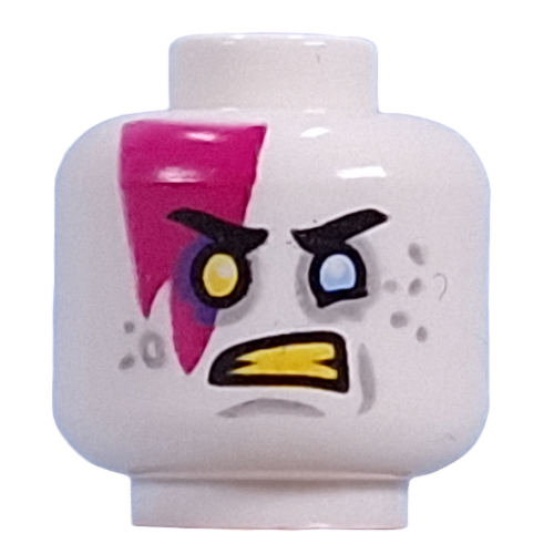 Tête de minifigurine madteo, foudre magenta, jaune gauche, lumineux bleu clair œil droit, fard à paupières gris bleuté clair, taches, dents jaunes, signifie sourire / colère (Minifig Head Madteo, Magenta Lightning Bolt, Yellow Left, Bright Light Blue Right Eye, Light Bluish Grey Eyeshadow, Spots, Yellow Teeth, Means Smile/Angry)