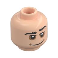 Tête de minifigurine gru, sourcils épais noirs, sourcils gauches levés, fard à paupières nougat moyen, grand sourire (Minifig Head Gru, Thick Black Eyebrows, Left Eyebrow Raised, Medium Nougat Eyeshadow, Grin)