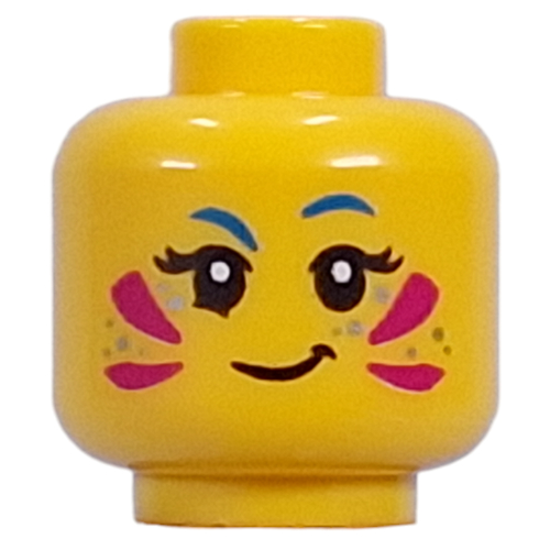 Tête de minifigurine Izzie, peinture pour le visage magenta, étincelles d'argent, sourcils bleus, sourire bouche ouverte (Minifig Head Izzie, Magenta Face Paint, Silver Sparkles, Blue Eyebrows, Smirk/Open Mouth Smile)