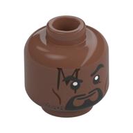Tête de minifigurine évêque, 'M' en forme de cicatrice, ours noir, moustache, sourire / colère avec des yeux en métal rose et motif imprimé foudre (Minifig Head Bishop, 'M' Shaped Scar, Black Bear, Moustache, Smirk/Angry with Metal Pink Eyes and Lightning Print)