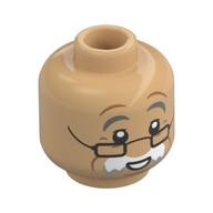 Tête de minifigurine Geppetto, sourcils gris bleuté foncé, Moustache blanche épaisse, lunettes noires, Sourire/Concerné (Minifig Head Geppetto, Dark Bluish Grey Eyebrows, Thick White Moustache, Black Glasses, Smile/Concerned)