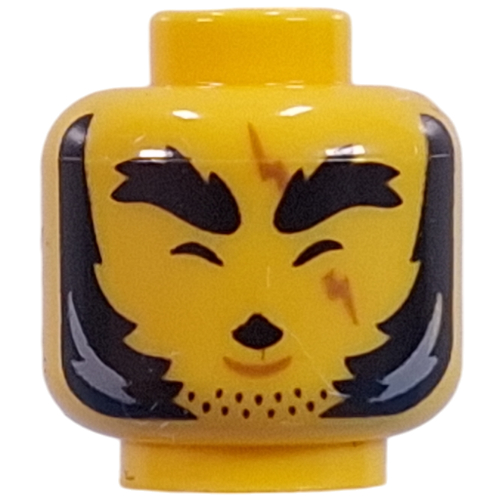 Tête de minifigurine, sourcils épais noirs, favoris, barbe naissante, cicatrice sur l'œil, regard moyen, bouche tordue avec croc / yeux fermés, sifflement (Minifig Head, Thick Black Eyebrows, Sideburns, Stubbled Beard, Scar Across Eye, Mean Stare, Crooked Mouth with Fang / Closed Eyes, Whistling)