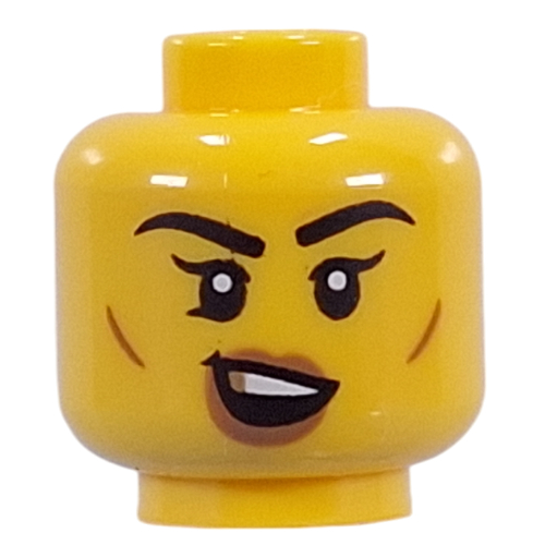 Tête de minifigurine Lèvres nougat, traits sur les joues, bouche ouverte sourire tordu, dent d'or / bouche fermée sourire tordu (Minifig Head Nougat Lips, Cheek Lines, Open Mouth Crooked Smile, Gold Tooth / Closed Mouth Crooked Smile)
