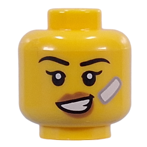 Tête de minifigurine bandage blanc, lèvres nougat, sévère neutre / sourire tordu (Minifig Head White Bandage, Nougat Lips, Neutral Stern / Crooked Smile)