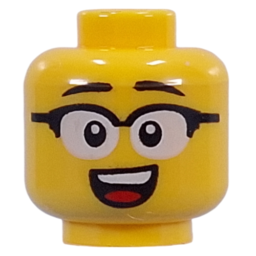 Lunettes Tête de minifigurine blanche, cadre noir, bouche ouverte sourire / inquiet, lunettes tordues, marques de rayures (Minifig Head White Glasses, Black Frame, Open Mouth Smile / Worried, Crooked Glasses, Scratch Marks)