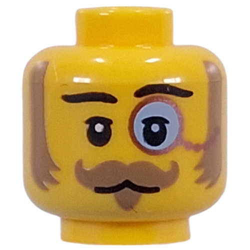 Tête de minifigurine Brûlures latérales de nougat, moustache courbée, bouc, monocle de cuivre (Minifig Head Nougat Sideburns, Curled Mustache, Goatee, Copper Monocle)