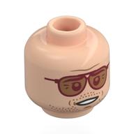 Tête de minifigurine Sonny Hayes, sourcils beige foncé, barbe à barbe, air renfrogné / lunettes rouge foncé, sourire bouche ouverte (Minifig Head Sonny Hayes, Dark Tan Eyebrows, Stubbles Beard, Frown / Dark Red Glasses, Open Mouth Smile)