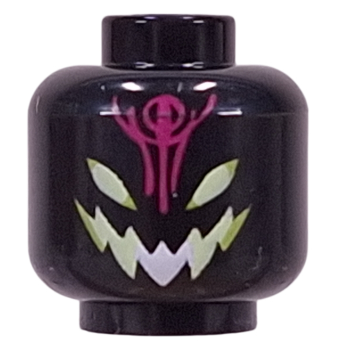 Tête de minifigurine Grimspawn, Blanc/vert jaune Bouche, Yeux, Violet foncé Signe (Minifig Head Grimspawn, White/Yellowish Green Mouth, Eyes, Dark Purple Sign)