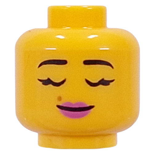 Tête de minifigurine Sourcils noirs, cils, lèvres rose foncé, marques de beauté, sourire / yeux fermés (Minifig Head Black Eyebrows, Eyelashes, Dark Pink Lips, Beauty Marks, Smirk / Closed Eyes)