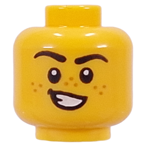 Tête de minifigurine sourcils noirs, taches de rousseur, sourire déséquilibré, dents / cri (rugosité) (Minifig Head Black Eyebrows, Freckles, Lopsided Smile, Teeth / Scream (Roar))