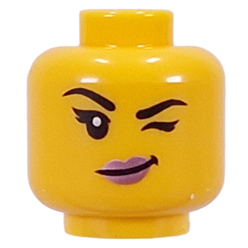 Tête de minifigurine Sourcils noirs, cils, lèvres rose métal, clin d'œil / sourire lopsed (Minifig Head Black Eyebrows, Eyelashes, Metal Pink Lips, Wink / Lopsided Smile)