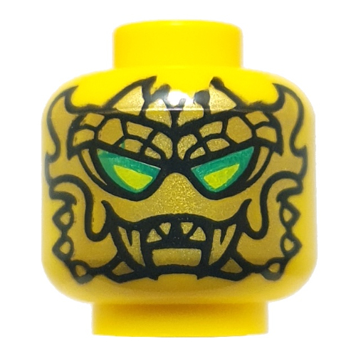 Tête de minifigurine leader loyaliste, masque d'or, vert citron / yeux vert foncé / verres noirs avec lentilles de vert citron, lèvres de corail, marques d'or, sourire (Minifig Head Loyalist Leader, Gold Mask, Lime/Dark Green Eyes / Black Glasses with Lime Lenses, Coral Lips, Gold Markings, Smirk)