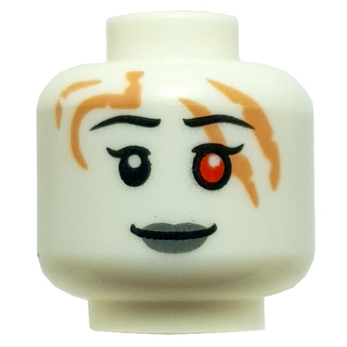 Tête de minifigurine foi, œil droit rouge, lèvres gris bleuté foncé, stries/cicatrices de nougat moyen (Minifig Head Faith, Red Right Eye, Dark Bluish Grey Lips, Medium Nougat Streaks/Scars)