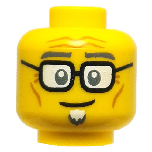Tête de minifigurine facteur, sourcils gris bleuté foncé, bouc blanc, lunettes noires, rides (Minifig Head Mailman, Dark Bluish Grey Eyebrows, White Goatee, Black Glasses, Wrinkles)