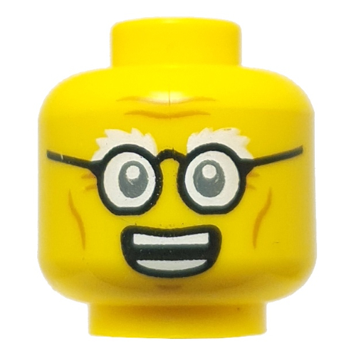 Tête de minifigurine Dr. Julien, Sourcils blancs, Lunettes noires, Sourire bouche ouverte / Peur (Minifig Head Dr. Julien, White Eyebrows, Black Glasses, Open Mouth Smile / Scared)