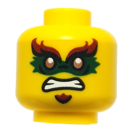 Tête de minifigurine acronix, yeux dorés, vert foncé/rouge foncé masque oculaire, bouc, sourire / en colère (Minifig Head Acronix, Gold Eyes, Dark Green/Dark Red Eye Mask, Goatee, Smile/Angry)