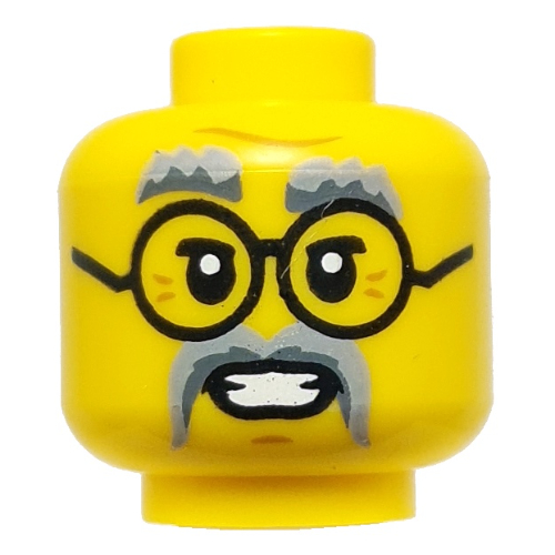 Tête de minifigurine dr. saunders/krux clair/foncé bleu gris sourcils, moustache, lunettes noires / vert foncé/rouge foncé masque oculaire, moustaches minces, en colère (Minifig Head Dr. Saunders/Krux Light/Dark Bluish Grey Eyebrows, Moustache, Black Glasses / Dark Green/Dark Red Eye Mask, Thin Moustaches, Angry)
