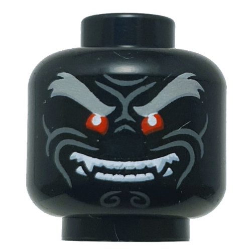 Tête de minifigurine Garmadon, sourcils épais gris bleuté foncé, rides, yeux rouges, sourire menaçant, dents / froncement (Minifig Head Garmadon, Thick Dark Bluish Grey Eyebrows, Wrinkles, Red Eyes, Mean Smile, Teeth / Frown)
