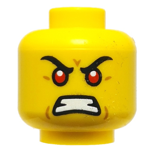 Tête de minifigurine Jeune Garmadon, sourcils noirs, yeux rouges, en colère / sourcil levé, sourire en coin (Minifig Head Young Garmadon, Black Eyebrows, Red Eyes, Angry / Raised Eyebrow, Smirk)