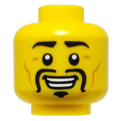 Tête de minifigurine Rayon, sourcils noirs, longue moustache, bouc, rides, sourire / en colère (Minifig Head Ray, Black Eyebrows, Long Moustache, Goatee, Wrinkles, Smile / Angry)