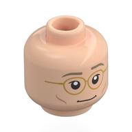 Tête de minifigurine Henry Creel, lunettes dorées, sourcils beige foncé, traits sur les joues (Minifig Head Henry Creel, Gold Glasses, Dark Tan Eyebrows, Cheek Lines)