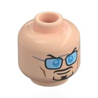 Tête de minifigurine Tony Stark, sourcils noirs, moustache, barbe, sourcils levés / lunettes noires avec des lentilles bleu clair (Minifig Head Tony Stark, Black Eyebrows, Moustache, Beard, Raised Eyebrow / Black Glasses with Bright Light Blue Lenses)
