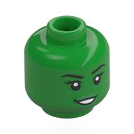 Tête de minifigurine Elphaba, sourcils noirs, lèvres vertes, taches de rousseur, bouche ouverte / bouche fermée, sourcil levé (Minifig Head Elphaba, Black Eyebrows, Green Lips, Freckles, Open Mouth / Closed Mouth, Raised Eyebrow)