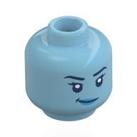 Tête de minifigurine Margo Kess, sourcils bleu foncé, yeux, lèvres bleues, sourire en coin / effrayé (Minifig Head Margo Kess, Dark Blue Eyebrows, Eyes, Blue Lips, Smirk / Scared)