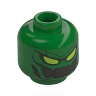 Tête de minifigurine Bouffon Vert, placage d'armure, yeux vert citron, bouche argentée, dents pointues (Minifig Head Green Goblin, Armour Plating, Lime Eyes, Silver Mouth, Sharp Teeth)
