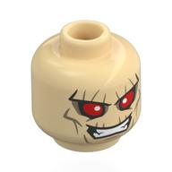 Tête de minifigurine Hobgobline, lignes beige foncées, grands yeux rouges, dents pointues, bouche moyenne / ouverte, sourcil levé (Minifig Head Hobgoblin, Dark Tan Lines, Big Red Eyes, Sharp Teeth, Mean Grin / Open Mouth, Raised Eyebrow)