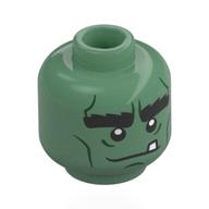 Tête de minifigurine Monstre de Frankenstein, sourcils épais noirs, Lignes vert foncé, Dent lâche (Minifig Head Frankenstein's Monster, Thick Black Eyebrows, Dark Green Lines, Loose Tooth)