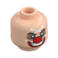 Tête de minifigurine Buggy, Fard à paupières Nougat, Nez clown rouge, lèvres rouges, Os croisés blancs sur le devant, sourire menaçant / Pleurer (Minifig Head Buggy, Nougat Eyeshadow, Red Clown Nose, Red Lips, White Crossed Bones on Forehead, Mean Smile / Crying)