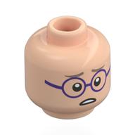Tête de minifigurine Koby, sourcils beige foncé, lunettes pourpre foncé, bouche ouverte sourire / inquiet (Minifig Head Koby, Dark Tan Eyebrows, Dark Purple Glasses, Open Mouth Smile / Worried)