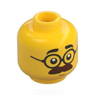 Tête de minifigurine grincheuse, épaisse moustache brun rougeâtre, lunettes noires, neutre/surpris (Minifig Head Ted Brickle, Thick Reddish Brown Moustache, Black Glasses, Neutral/Surprised)