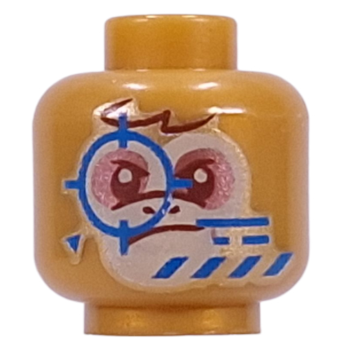 Tête de minifigurine albert, visage beige, fard à paupières nougat moyen, nauséeux / déterminé, motif imprimé croix bleue (Minifig Head Albert, Tan Face, Medium Nougat Eyeshadow, Queasy / Determined, Blue Crosshairs Print)
